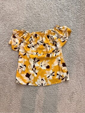 Ann Taylor Factory Yellow Floral Off-Shoulder Ruffle Tunic